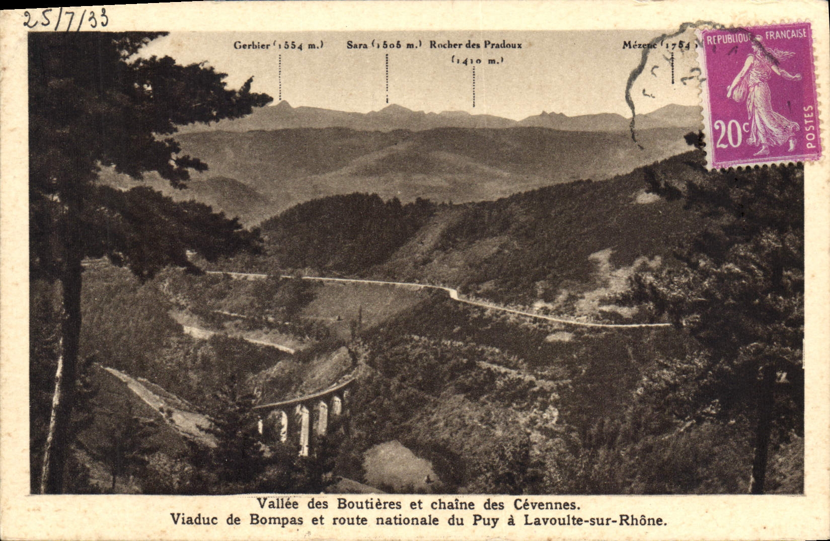 Vallée des Boutières et chaîne des Cévennes — Viaduc de Bompas et route nationale du Puy à Lavoutte-sur-Rhône — Éditions d'Art A. Roché, Saint-Agrève