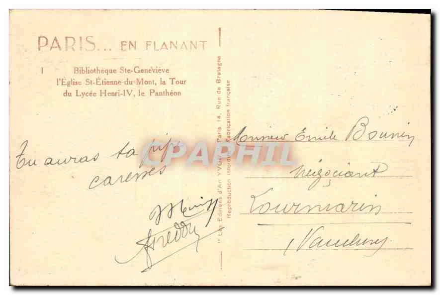 CPA Paris en Flannant Bibliotheque Ste Genevieve l'Eglise St Etienne du Mont la Tour du Lycee Henri  — Verso