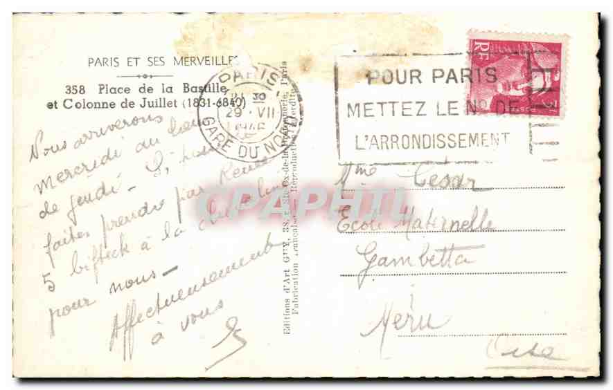 CPA Paris et ses Merveilles Place de la Bastille et Colonne de Juillet  — Rückseite