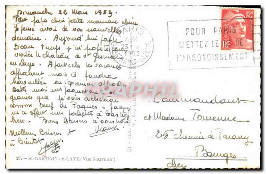 Saint-Germain-en-Laye — Château et jardins — CPA N°297, éditeur NEAL — Verso