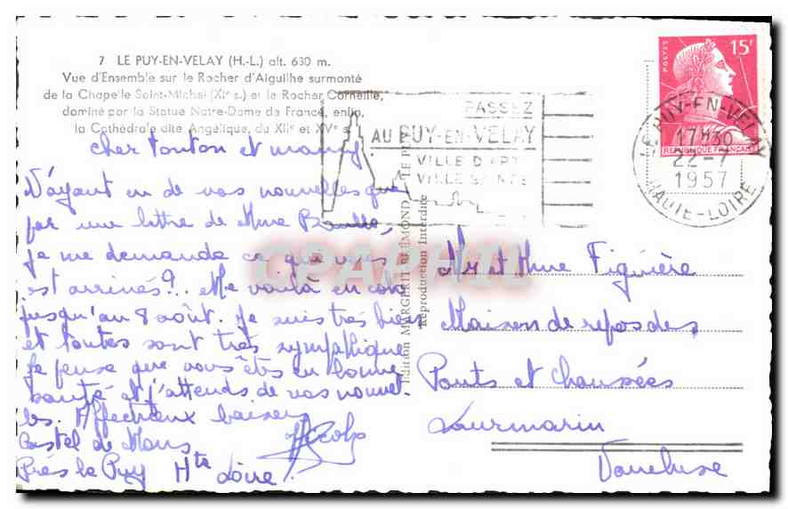 Le Puy-en-Velay — Vue d'ensemble sur le Rocher d'Aiguilhe et le Rocher Cornette — Éditeur EINO — Verso