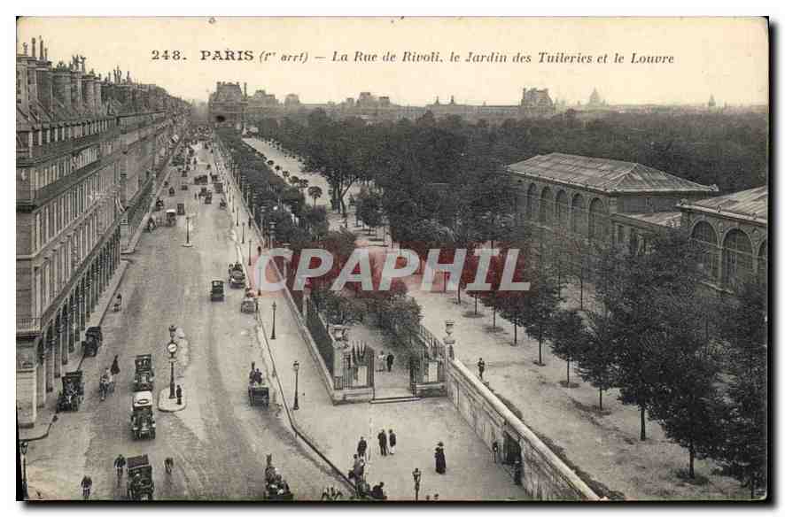 CPA Paris La Rue de Rivole le Jardin des Tuileries et le Louvre 