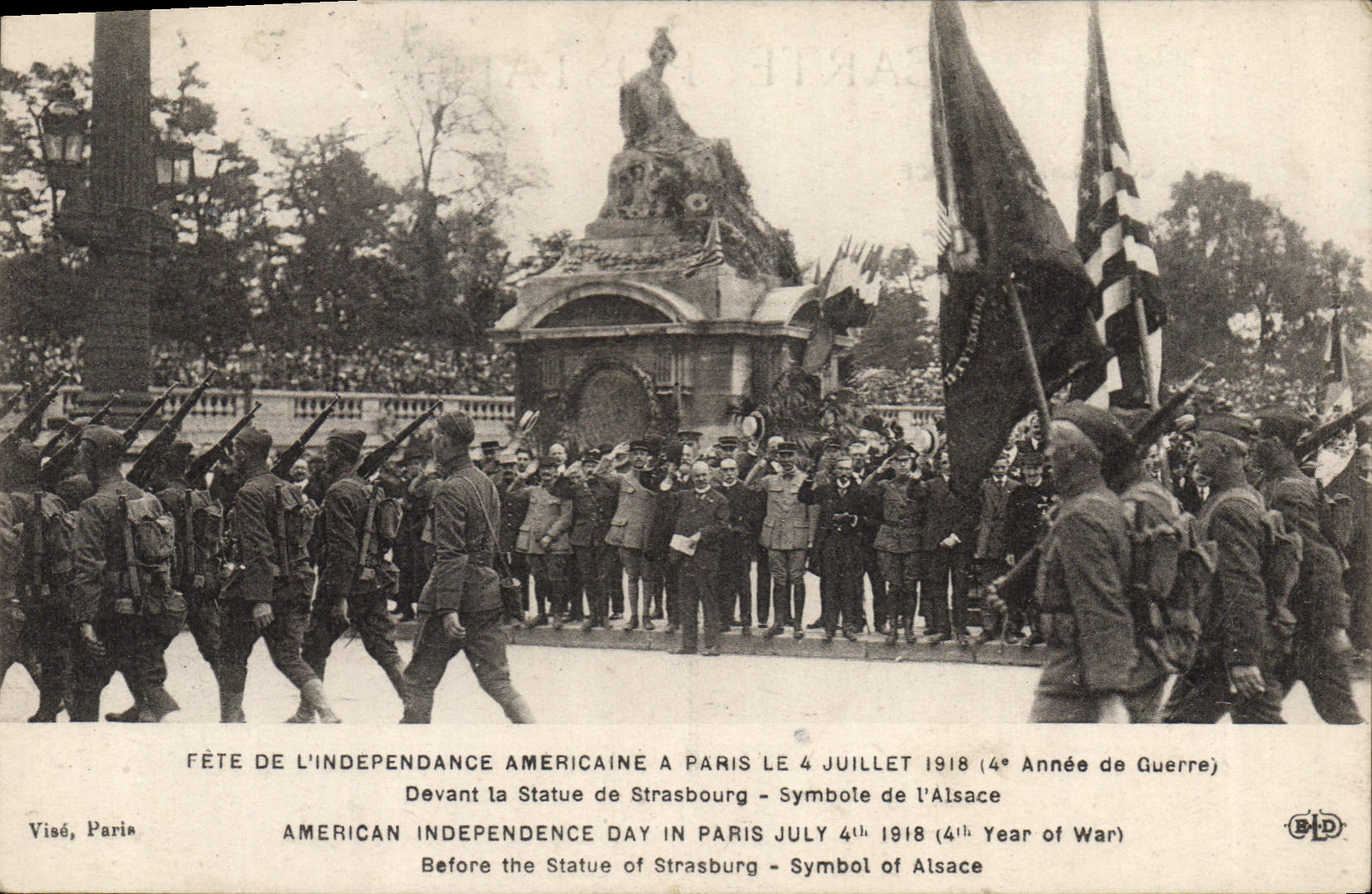 Fête de l'Indépendance américaine à Paris — 4 juillet 1918 — Statue de Strasbourg — Éditeur Visé, Paris