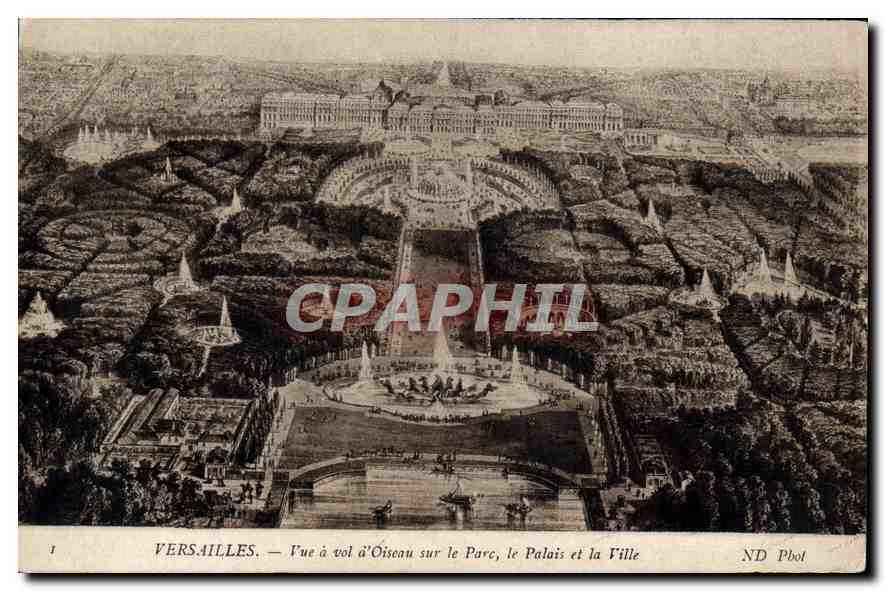 Versailles — Vue à vol d’oiseau sur le Parc, le Palais et la Ville — ND Pbol