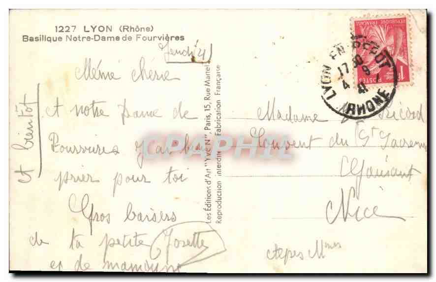 CPA Lyon Rhone Basilique Notre Dame de Fourvieres  — Verso