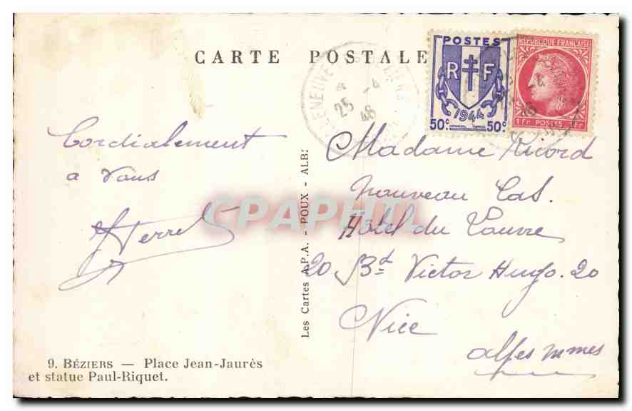 Béziers — Place Jean-Jaurès et statue Paul-Riquet — Les Cartes APA — Verso