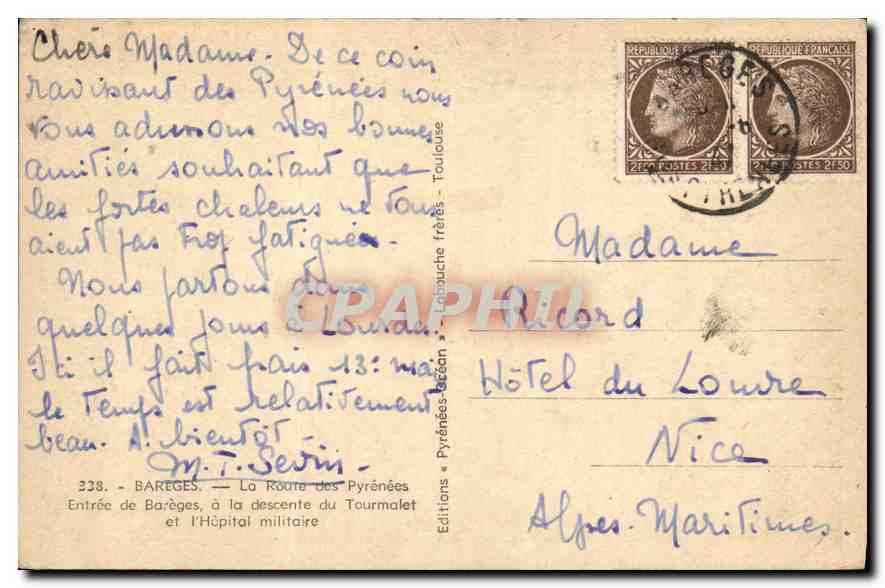 CPA Bareges La Route des Pyrenees Entree de Bareges a la descente du Tourmalet et l'Hopital Militair — Rückseite
