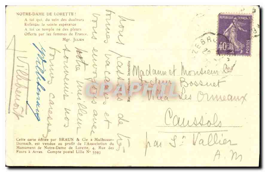 CPA N D de Lorette la Chapelle vue prise le 19 Mars 1925  — Rückseite