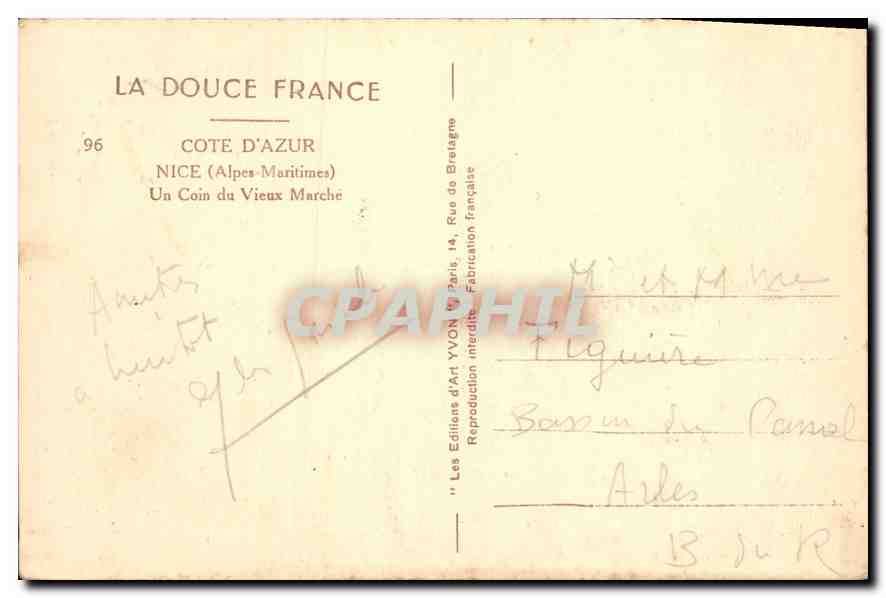 CPA Cote d'Azur Nice Alpes Maritimes un coin du Vieux Marche  — Rückseite