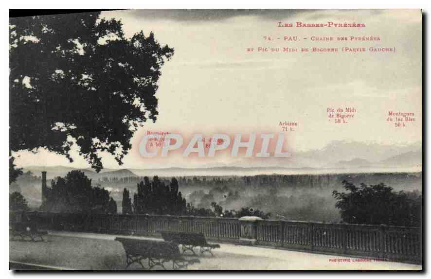 Les Basses-Pyrénées — Pau — Chaîne des Pyrénées et Pic du Midi de Bigorre (Partie Gauche) — Phototypie Labouche