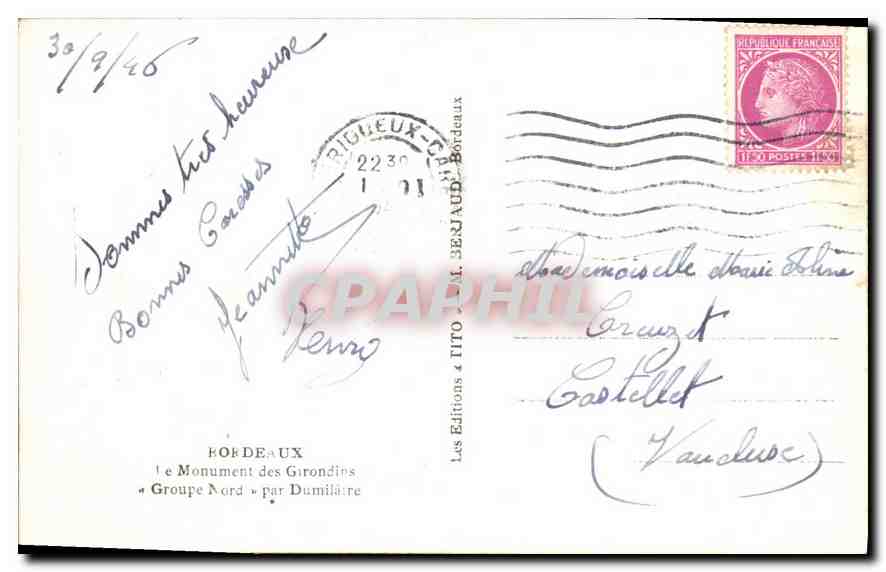 CPA Bordeaux Le monument des Girondins  — Verso
