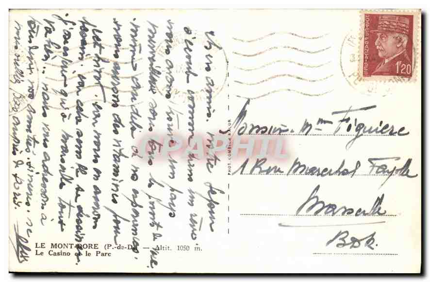 CPA Le mont Dore P de D Le Casino et le Parc  — Verso