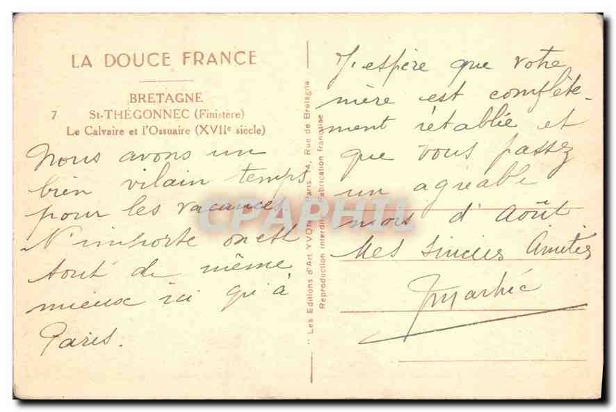 CPA La Douce France Bretagne St Thegonnec Finistere La Calvaire et l'Ossuaire  — Rückseite
