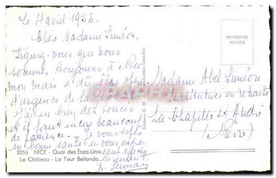 CPA Nice Quai des Etats Unis Le Chateau La Tour Bellanda  — Rückseite