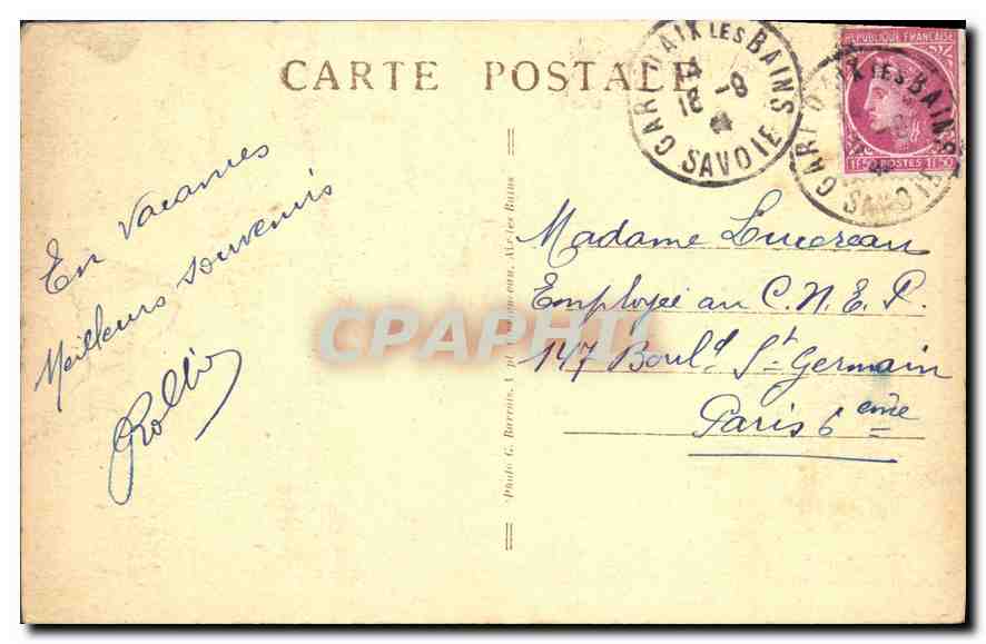 Aix-les-Bains (Savoie) — Emplacement du Nouvel Établissement Thermal, ancienne pension Perrier — Maison Lamartine, n°108 — Back