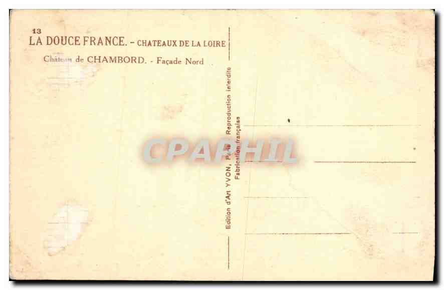 Château de Chambord — Façade Nord — Édition d'Art YVON, Paris — Verso