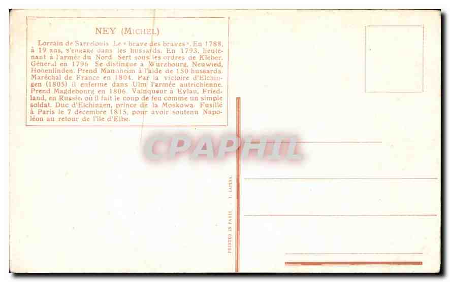 CPA Ney Michel Lorraine de Sarrelouis Le brave des braves  — Back