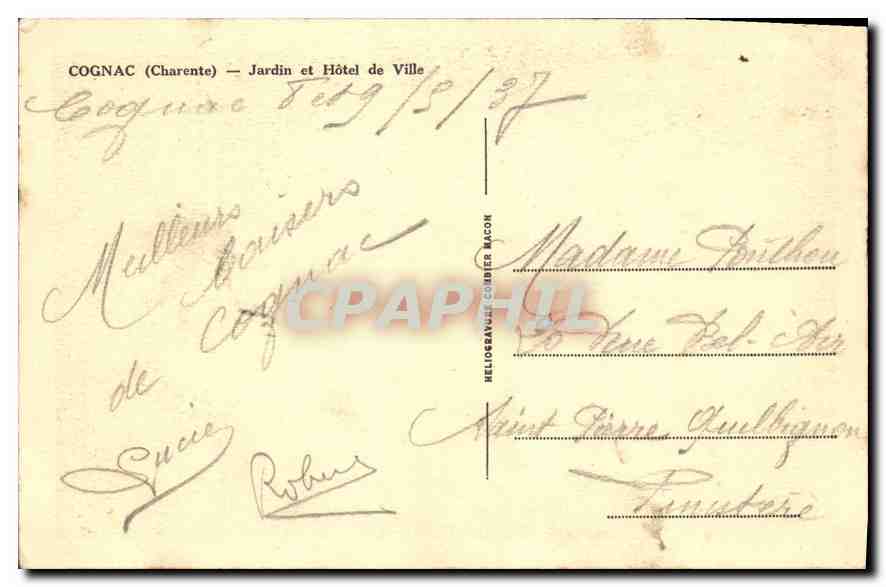 CPA Cognac Cahrente Jardin et Hotel de Ville  — Rückseite