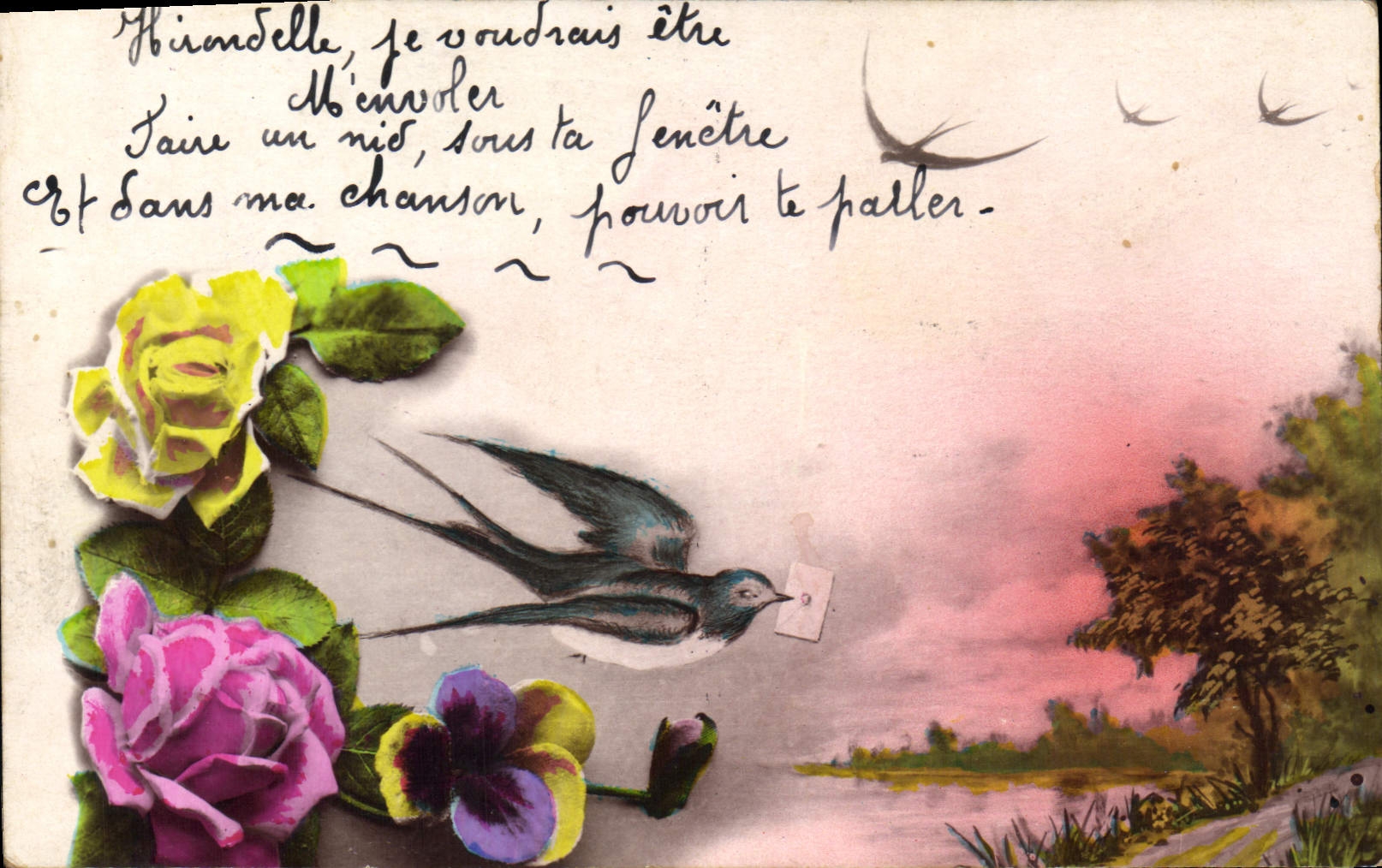 CPA Fantaisie Fleurs Hirondelle