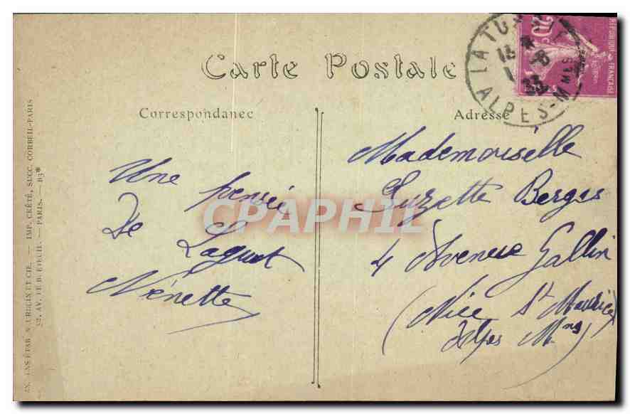 Souvenir de Laghet — éditeur Imp. Gérard, Succ. Corbeil-Paris — n° de série non visible — Reverso