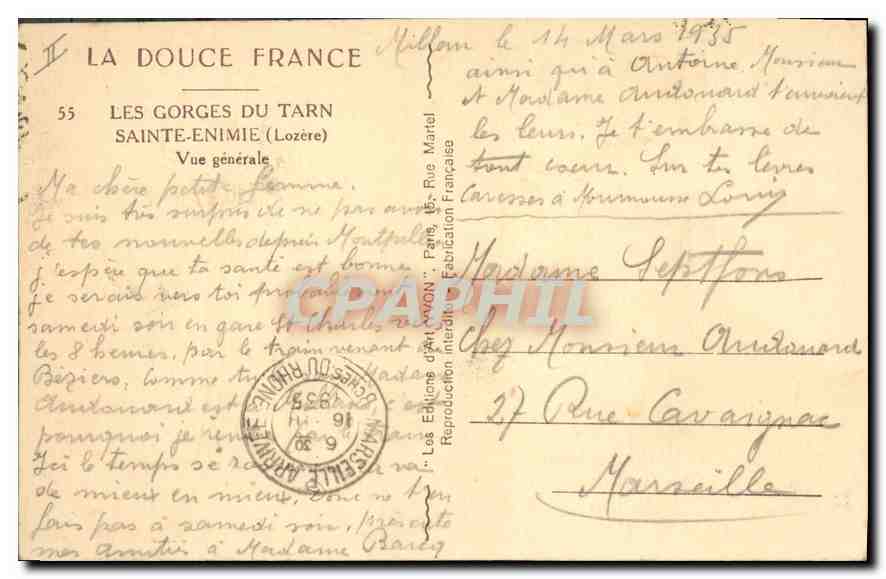 CPA La Douce France Les Gorges du Tarn Sainte Enimie Lozere Vue generale  — Rückseite