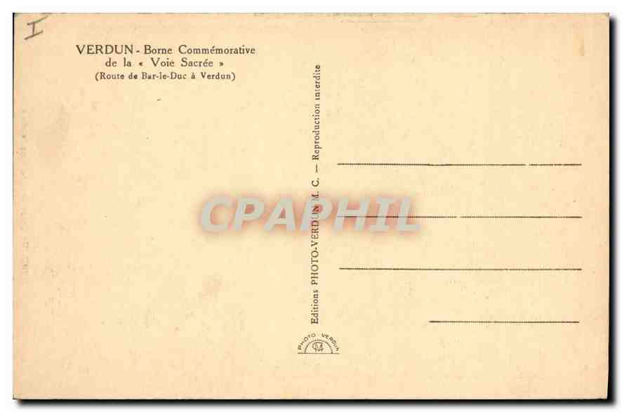 Verdun — Borne de « La Voie Sacrée » — Éditions PHOTO-VERDUN — Verso