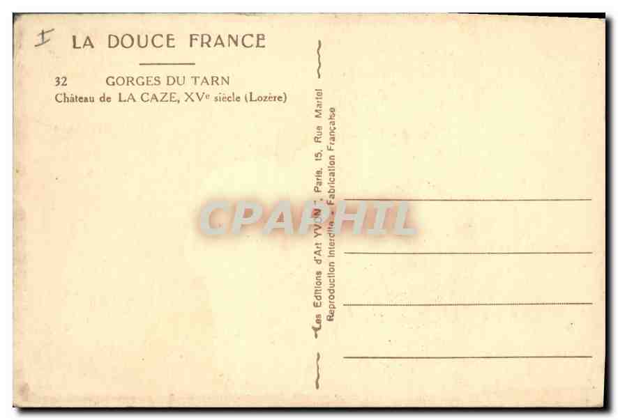 CPA Gorges du Tarn Chateau de la Caze XV siecle Lozere  — Rückseite