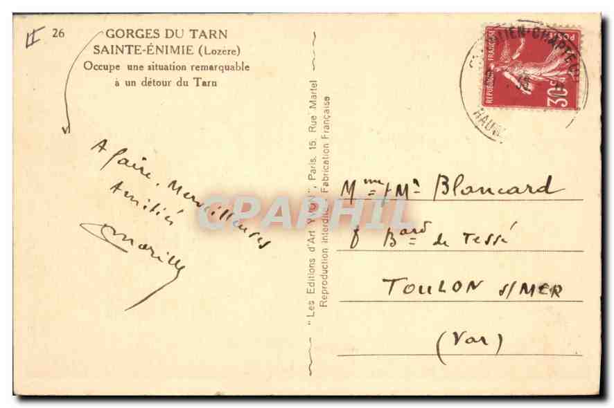 CPA Gorges du Tarn Sainte Enime Lozere Occupe une situation remarquable a un detour du Tarn  — Rückseite