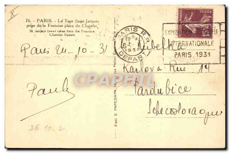 CPA Paris la tour Saint Jacques prise de la fontaine place du Chatelet  — Rückseite