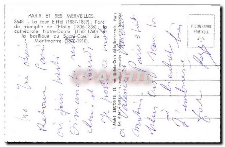 CPA Paris et ses Merveilles la Tour Eiffel 1887 1889 l'arc de Triomphe de l'Etoile 1806 1836 la cath — Rückseite