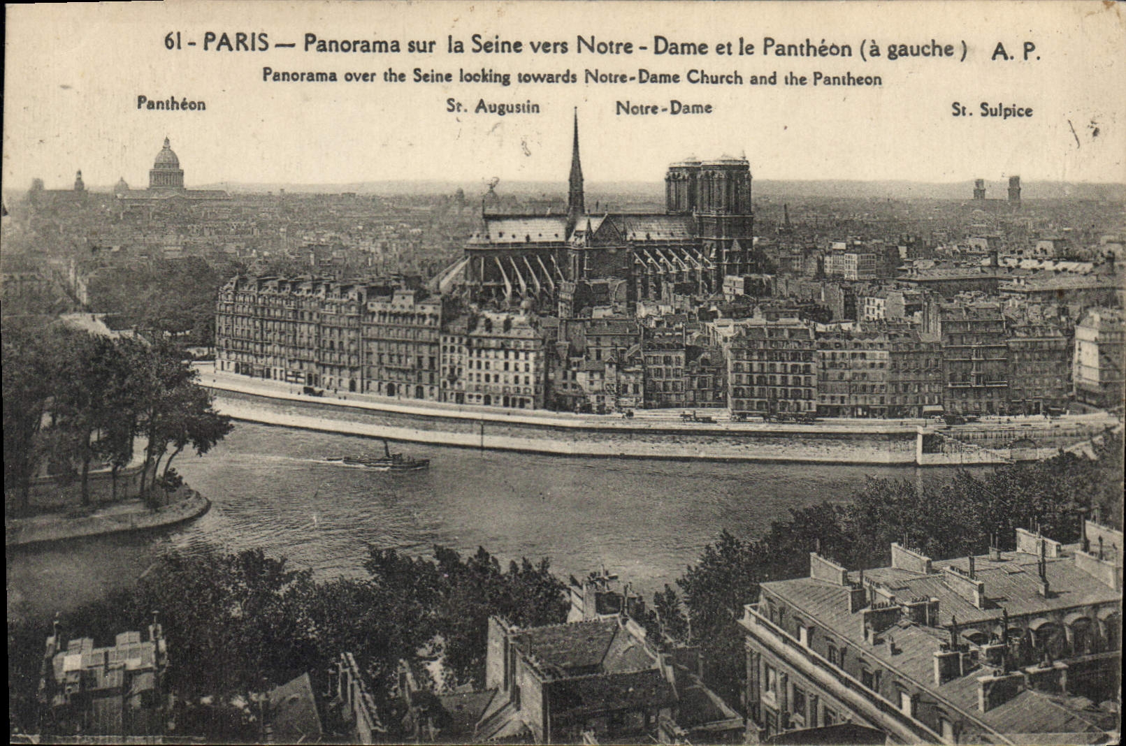 CPA Paris Panorama sur la Seine vers Notre Dame et le Pantheon a gauche 