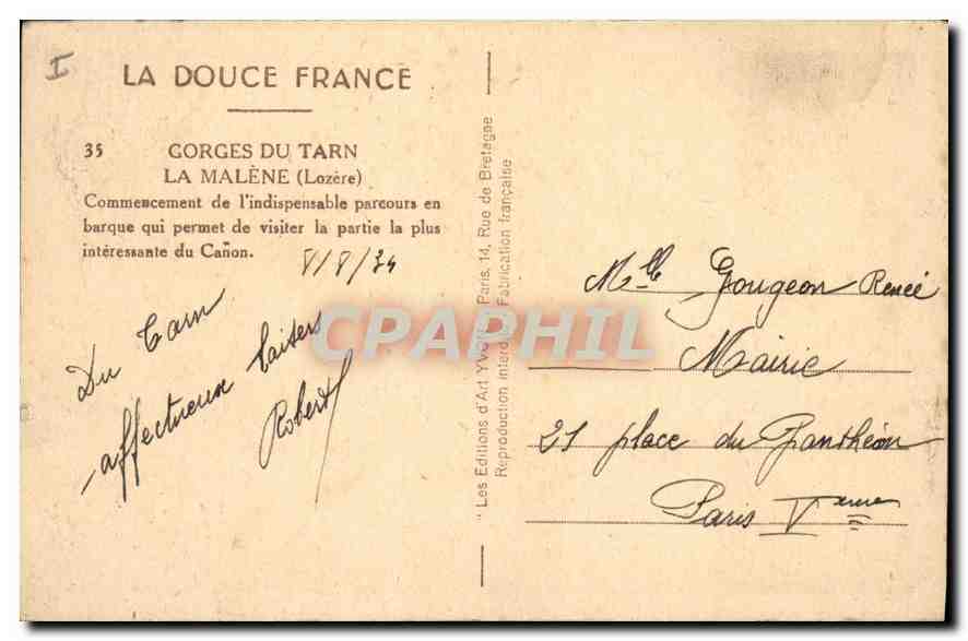 CPA La Douce France Gorges du Tarn La Malene Lozere  — Rückseite