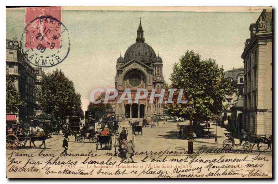 CPA Paris Le Boulevard et l'Eglise Saint Augustin 
