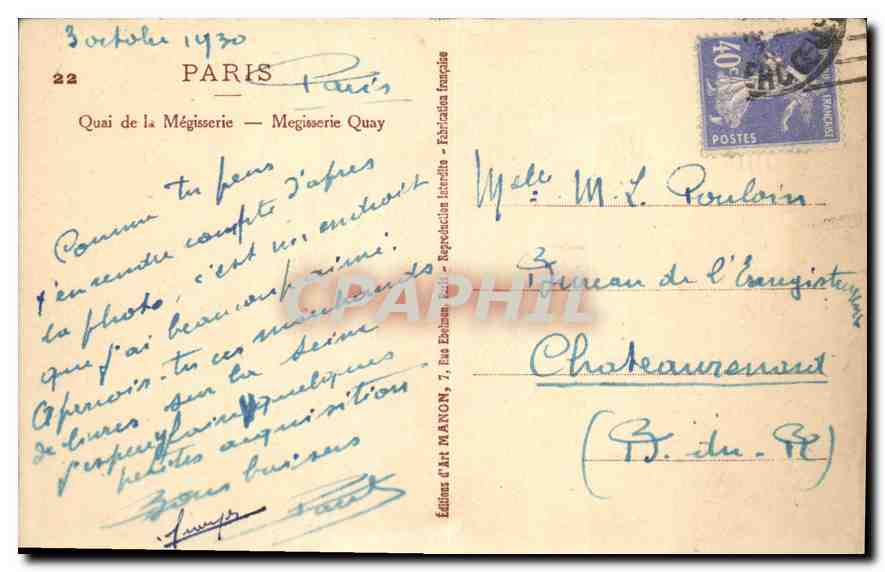 CPA Paris Quai de la Medisserie  — Verso