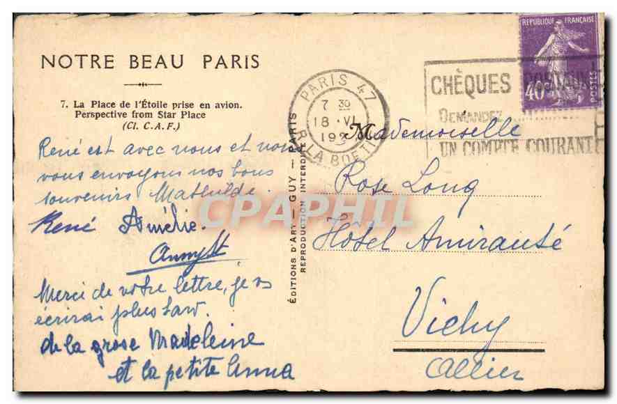 CPA Paris La Place de l'Etoile prise en avion Perspective from Star Place Cl CAF  — Verso