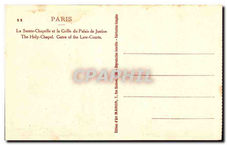 CPA Paris La Sainte Chapellle et la Grille du Palais de Justice  — Verso