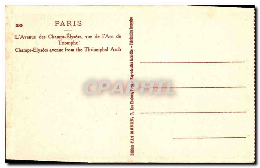 CPA Paris l'Avenue des Champs Elysers vue de l'Arc de Triomphe  — Rückseite