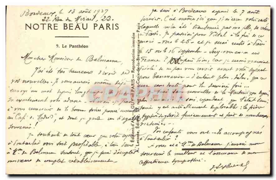 CPA Notre Beau Paris Le Pantheon  — Rückseite