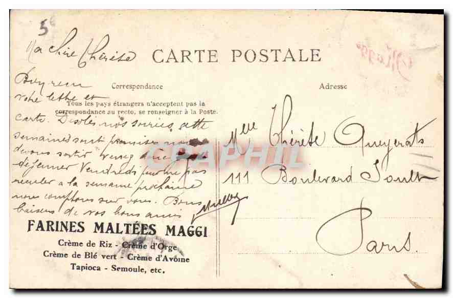 CPA Paris Farines Maltees Maggi Creme de Riz Creme d'Orge Creme de Ble vert Creme d'Avoine Tapioca S — Rückseite