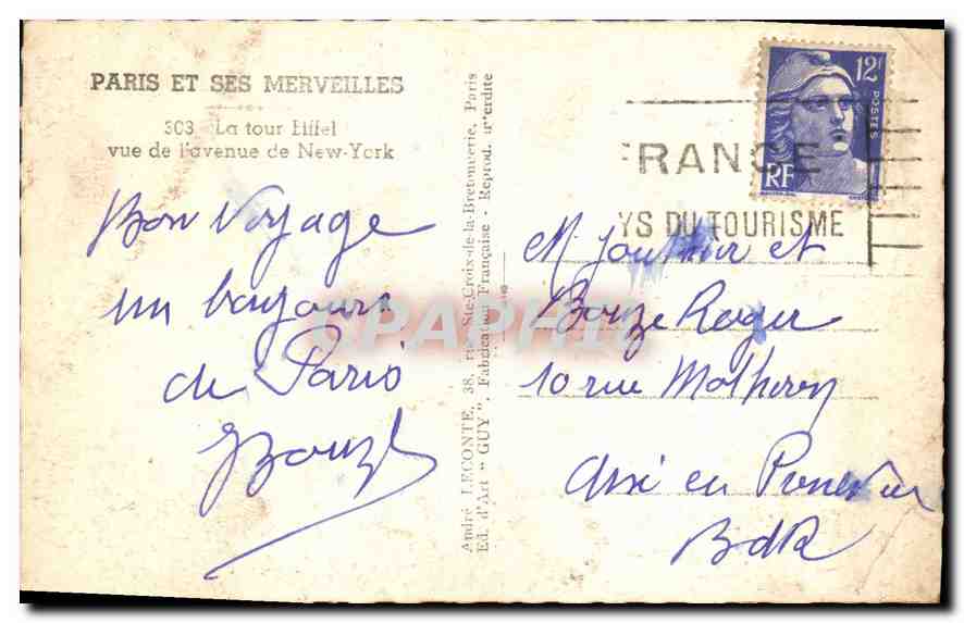 CPA Paris et ses Merveilles La tour Eiffel vue de l'avenue de New York  — Rückseite