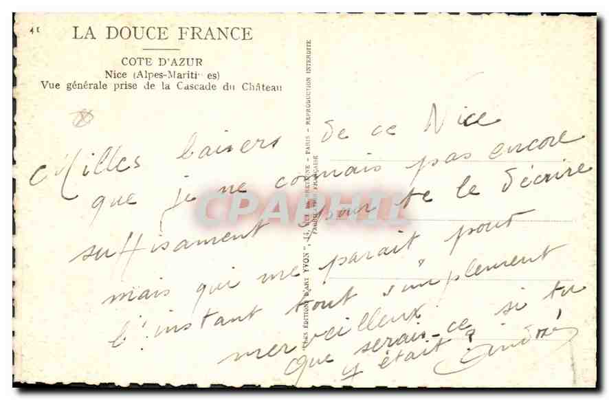CPA La Douce France Cote d'Azur Nice Alpes Maritimes Vue generale prise de la Cascade du Chateau  — Rückseite