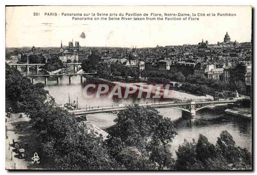 CPA Paris Panorama sur la Seine pris du Pavillon de Flore Notre Dame la Cite et le Pantheon 