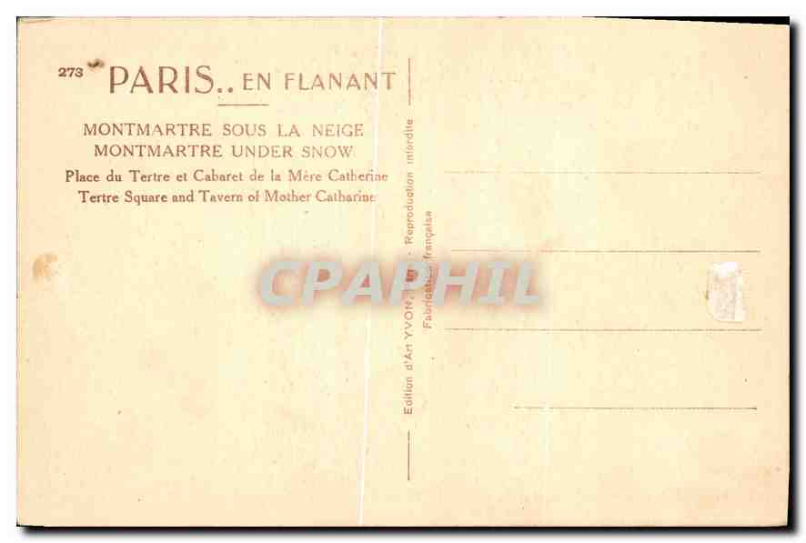 CPA Paris en flanant Montmartre sous la neige place du Tertre et Cabaret de la Mere Catherine  — Rückseite