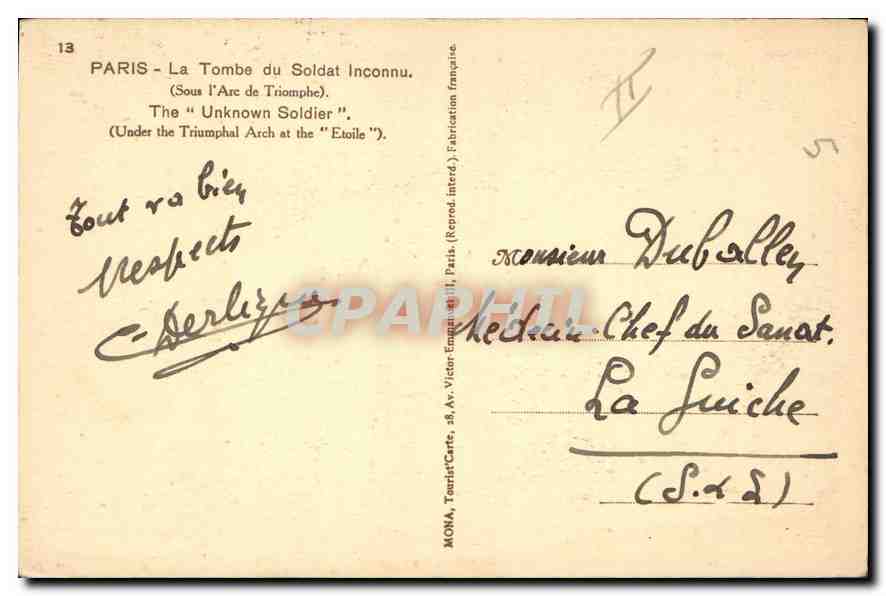 CPA Paris La Tombe du Soldat Inconnu Sous l'Arc de Triomphe  — Rückseite