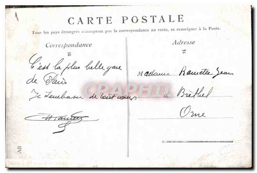 CPA Paris Gare de Lyon  — Rückseite