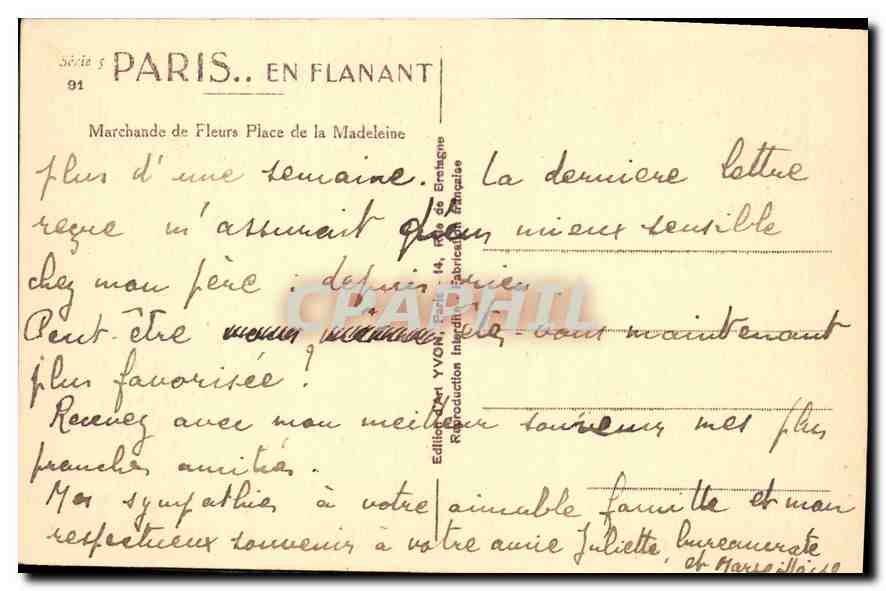 CPA Paris en Flanant Marchande de Fleurs Place de la Madeleine  — Rückseite