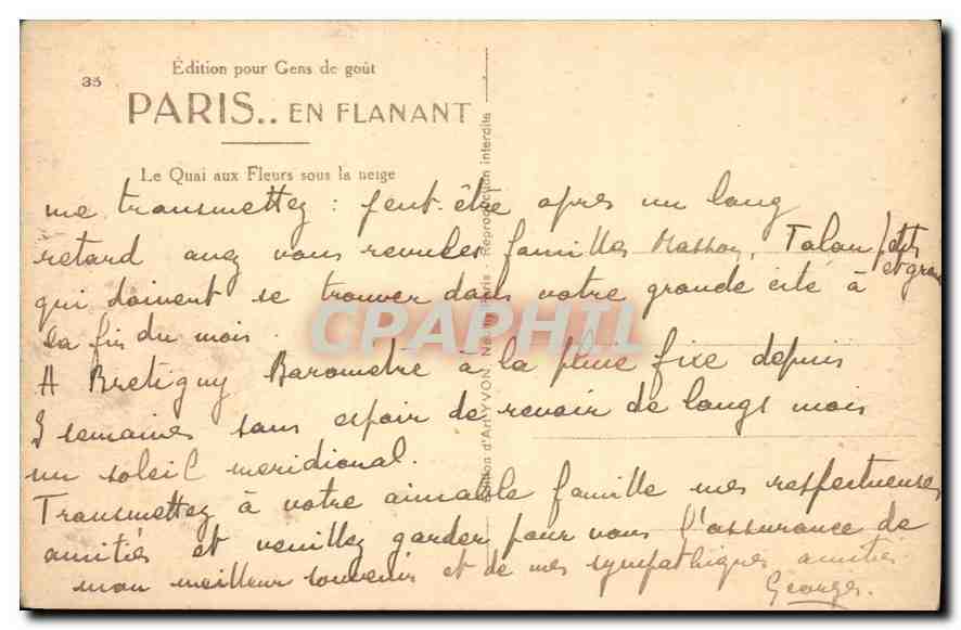 CPA Edition pour de gour Paris en Flamamt Le Quai aux Fleurs sous la neige  — Verso