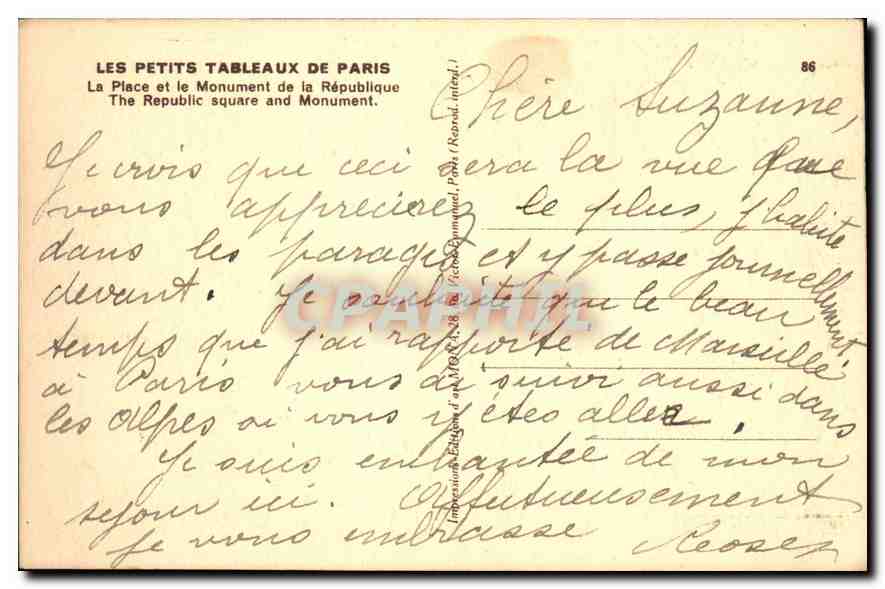 CPA Les petits tableaux de Paris La Place et le Monument de la Republique  — Rückseite