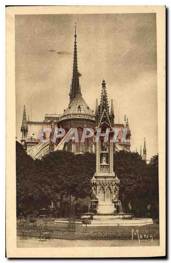 CPA Paris Cathedrale Notre Dame l'Abside et la Fontaine du Square de l'Archeveche 