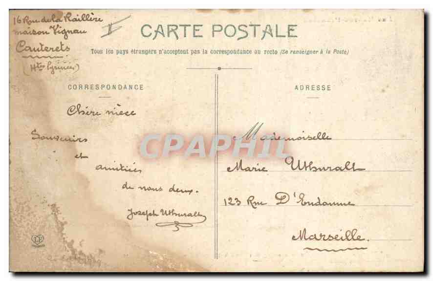Les Hautes-Pyrénées — Chemin de La Raillère à Maubourat — Baraques de marchands de bonbons — Phototypie Labouche Frères, Toulouse, n° 572 — Reverso